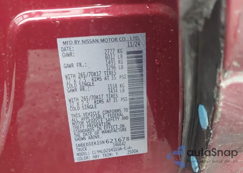 2025 Nissan Frontier Pro-4X 4X4 z USA, uszkodzony, nr VIN 1N6ED1EK1SN621678